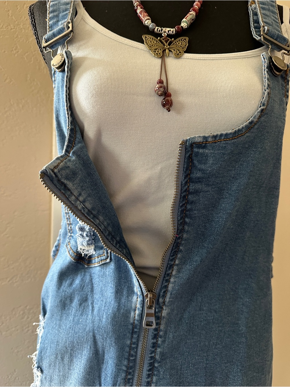 Denim Jumper Dress - Juniors Size Large- Zipper Front/ Distressed Blue Stretchy - Picture 3 of 15